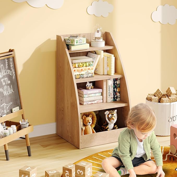 Kids Bookshelf,4 Tier Kids Book Shelf for Kids Rooms,Wood Children Bookcase,Baby Storage Book Rack,Toddler Bookshelf, Book and Toy Organizer,Book Display Shelf for Bedroom, Playroom, Nursery