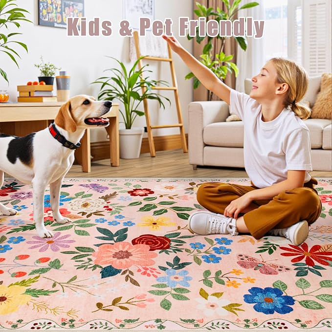 Area Rugs 9x12 Living Room: Floral Washable Rug Vintage Large Soft Boho Non-Slip Carpet Indoor Floor Stain Resistant Low Pile Carpets for Bedroom Dining Room Farmhouse Nursery Home Office Dark Beige