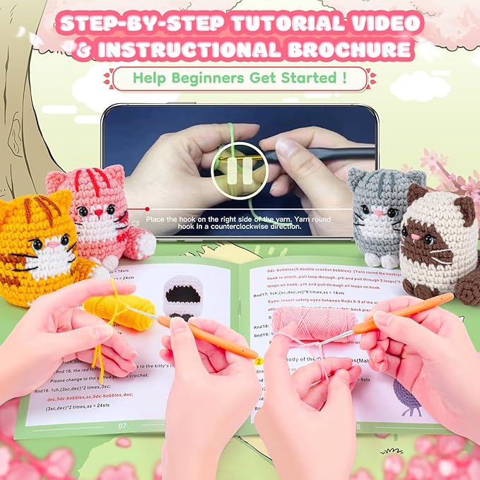 Crochet Kit for Beginners -4 PCS Cat Crochet Kit with Step-by-Step Video Tutorials, Learn to Crochet Kits for Adults and Kids, Beginner Crochet Kits for Adults, Animals Cat Crafts Knitting Kit