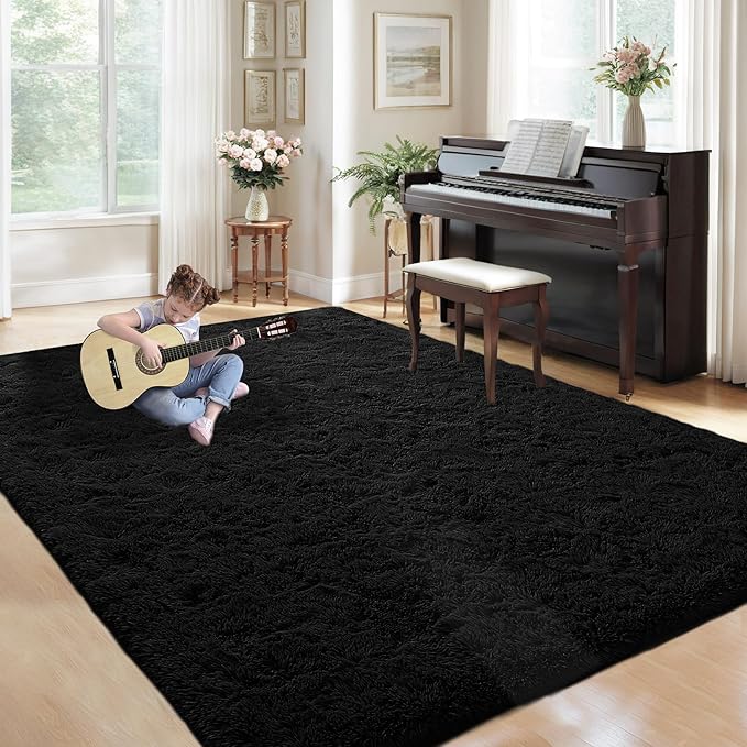 5x7 Area Rug for Living Room: Fluffy Shag Soft Washable Rugs Fuzzy Plush Indoor Carpet for Bedroom Nursery Playroom Dorm Kids Girls Boys Room (Black, 5'x7')