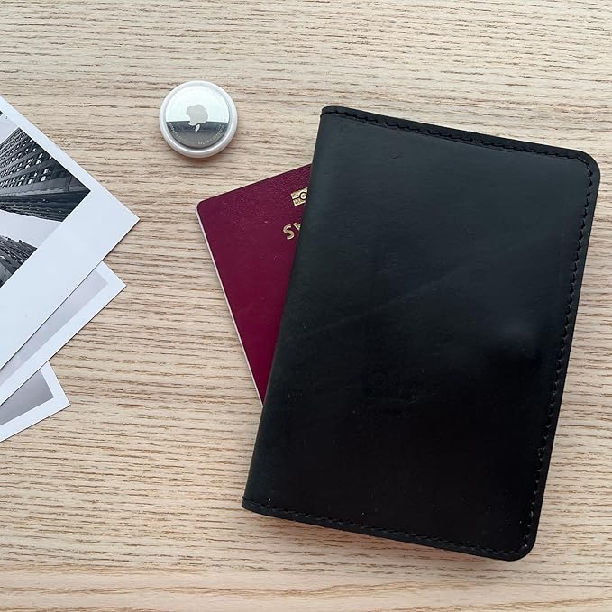 Family Passport Holder Compatible with Airtag Tracker Full Grain Leather Passport Wallet Cover with a Place for Airtag for Secure Travel Documents Storage. Black Color. CITYSHEEP