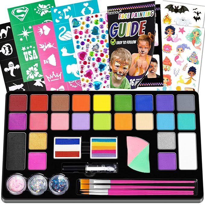Face Painting Kit for Kids, 24 Colors Washable Face Paint, Safe for Sensitive Skin, Non-Toxic Professional Face Painting Kit, Halloween Birthdays Makeup Set with Stencils, Guide Book