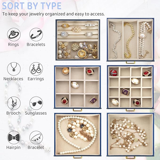 AKOZLIN Jewelry Box Organizer Functional Leather Jewelry Storage Case for Women Girls Ring Necklace Earring Bracelet Holder Organizer with Mirror Blue
