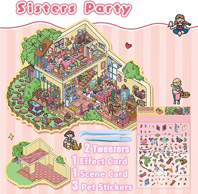 DIY 3D Sticker Scene，Jumbo-Large Sisters Party, Reusable Sticker, Cute Sets for Free Combination, Waterproof for Anywhere, Crafts Party Favors Birthday Gift