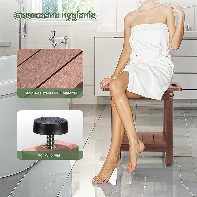 HDPE Shower Bench Seat Capacity 300LB, Waterproof Bathroom Stool with Side Carry Holes, Compact 16.8" L Design, Non-Slip Shower Seat for Elderly, Shaving Legs & Spa - Indoor/Outdoor Use(Brown)