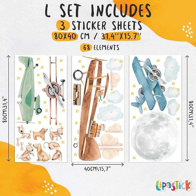 Airplane Wall Decals by Lipastick - 47-Piece Watercolor Vintage Plane Stickers for Kids, Boys Room, Baby Nursery, Toddler Bedroom Decor - Premium Vinyl Aircraft Art - L Size