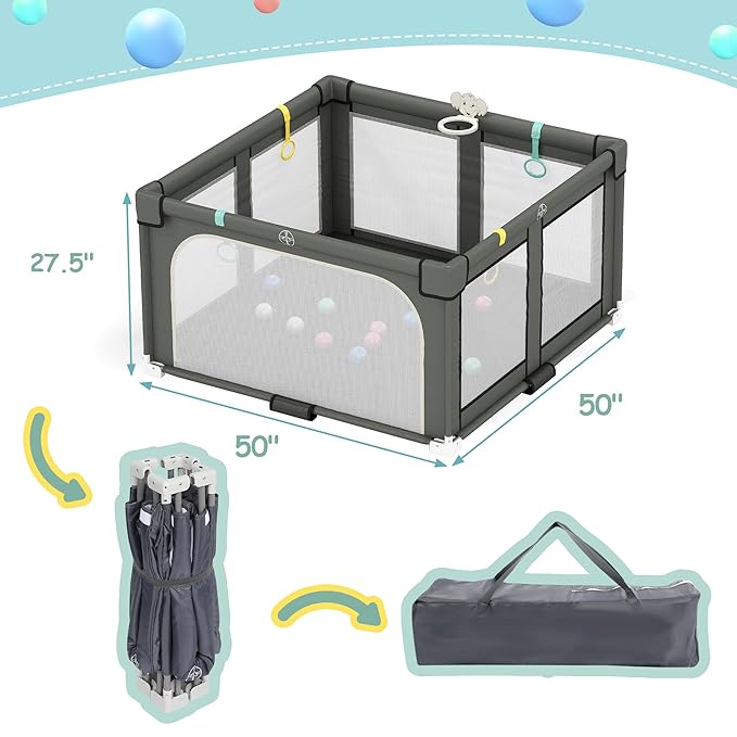 Foldable Playpen for Babies and Toddlers, 50" X 50" Large Collapsible Play Pen with Basket, 4 Handlers & 50 Ocean Balls, Portable Travel Play Yard with Carry Bag, No Installation, Grey