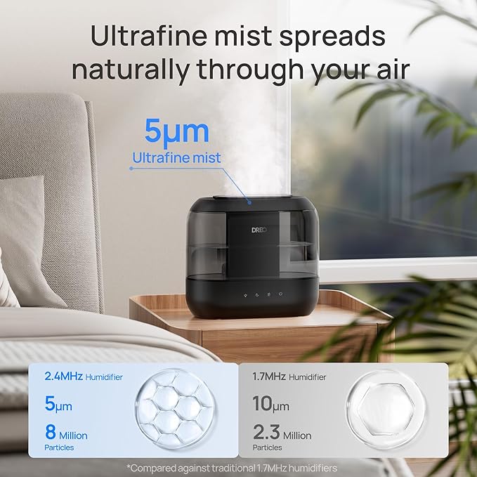 Dreo Top Fill 4L Humidifiers for Bedroom, 36H Runtime, 28 dB Quiet Cool Mist Supersized Air Humidifier for Large Room, Plants, Baby Nursery, Indoor, Night Light, Easy to Clean & Fill, Black