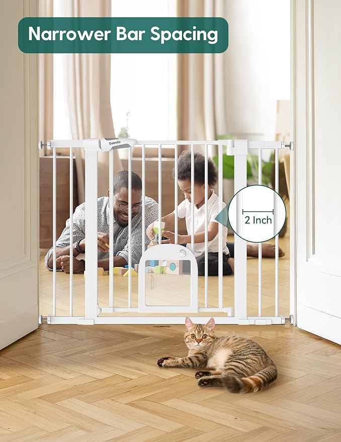 Babelio Baby Gate with Adjustable Cat Door,29-43" Auto Close Durable Pet door for Stairs,Doorways and House,Pressure Mounted,Easy Install,Effortless Walk Thru,White