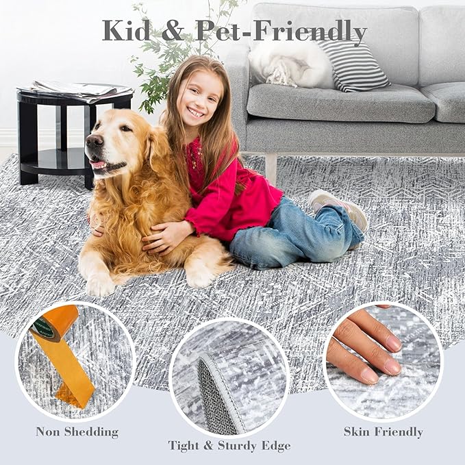 COZYLOOM 9x12 Rugs for Living Room Machine Washable Rug Modern Abstract Floor Cover with Non Slip Backing Satin Resistant Ultra Soft Geometric Carpet for Bedroom Office, Grey