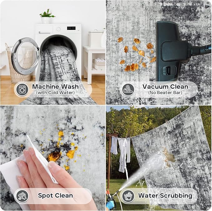 5x7 Area Rugs for Living Room Rug Washable: Modern Rug for Dining Room Bedroom Carpet Non Slip Low Pile 5 by 7 Indoor Abstract Nursery Home Office Black Grey