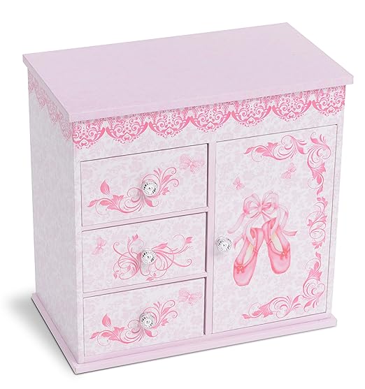 Jewelkeeper - Ballerina Jewelry Box for Girls with 3 Pullout Drawers - Ballerina Music Box with Swan Lake Tune - Ballet Slipper Design - Jewelry Storage Organizer for Necklaces and Bracelets