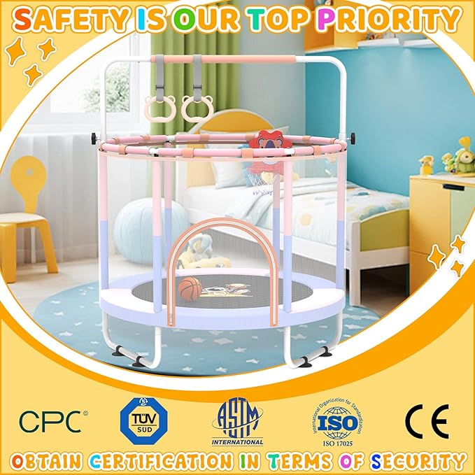 60'' Toddler Trampoline with Safety Enclosure Net, Trampoline for Kids Certified by ASTM USA 2-8 Year Old for Indoor, Lawn Garden