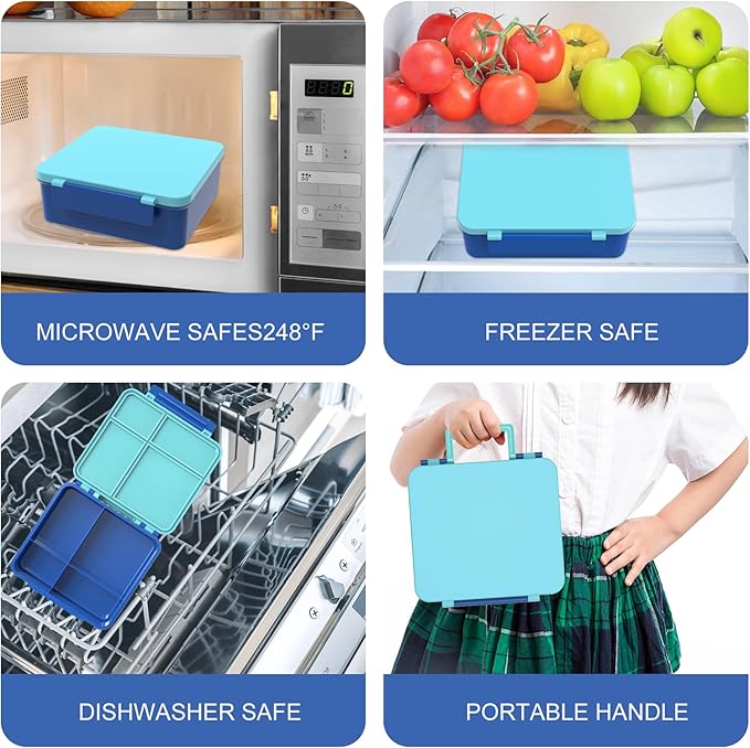 Kids Bento Lunch Box with 8oz Soup Thermo, Water Bottle, Kids Leakproof Lunch Food Containers with 4 Compartment, Insulated Hot Food Jar with Lunch Bag for School, Trvael (Blue)