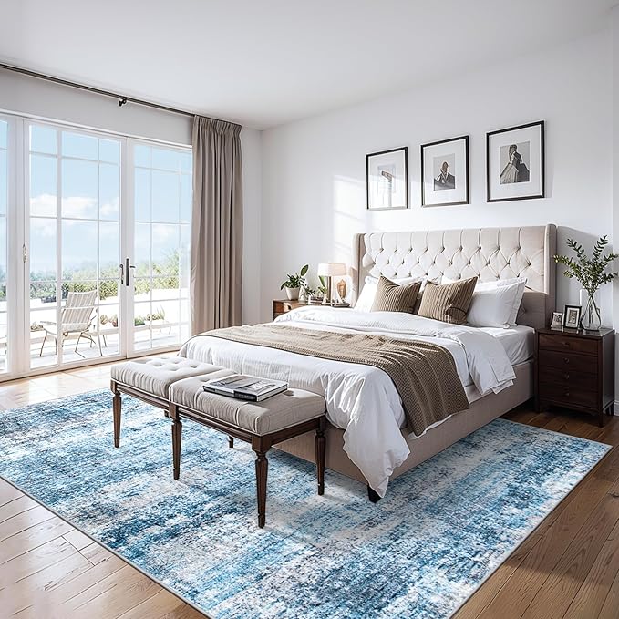 6x9 Area Rugs for Living Room - Washable Rug Modern Abstract Soft Large Neutral Non-Slip Carpet Indoor Floor Thin Carpets for Bedroom Dining Room Farmhouse Nursery Home Office Blue Grey