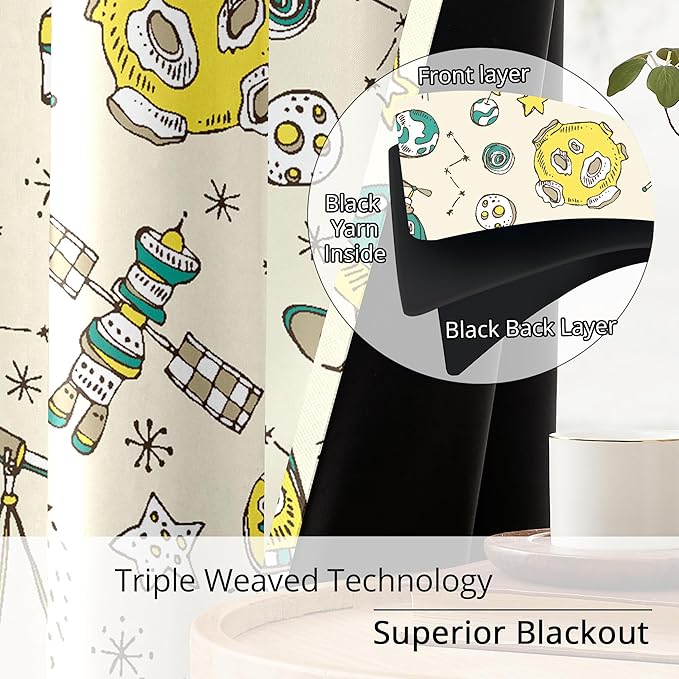 Kids Space UFO and Rocket Blackout Curtains - 100% Blackout, Thermal Insulated, Noise Reducing, Perfect for Kids Room and Nursery, 2 Panels (Space Explorer Sketchbook, W52×L63)
