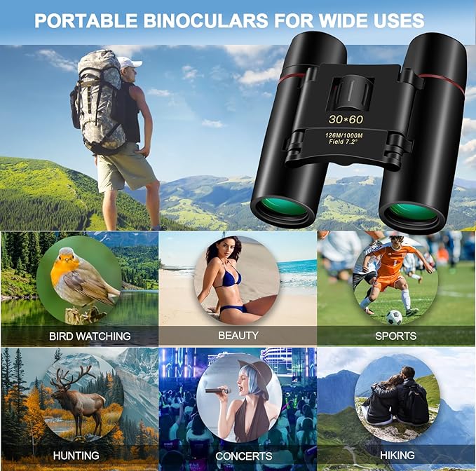 Compact 30x60 Binoculars for Adults,Suitable for Adults and Children Bird Watching Travel Sightseeing, Waterproof Lightweight Small Binoculars, with Clear Low-Light Vision