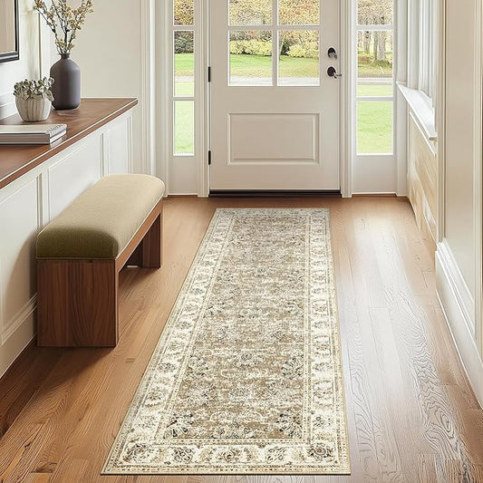 jinchan Runner Rug 2x6 Machine Washable Hallway Rug Taupe Vintage Floral Print Non-Slip Low Pile Ultra-Thin for Kitchen,Entryway,Laundry Room,Bedroom,Farmhouse (2‘x6’,Taupe)