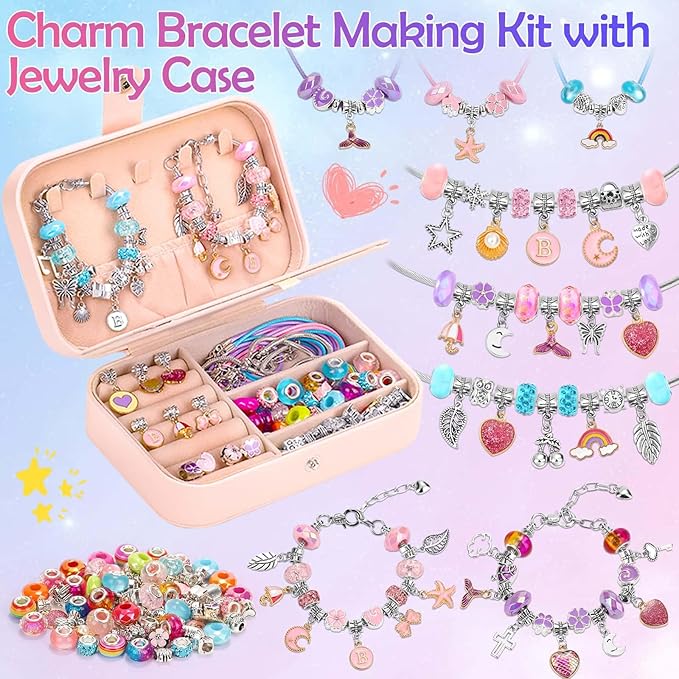 Girls Charm Bracelet Making Kit with Jewelry Box for Kids Charm Beads for Jewelry Making DIY Bracelet Craft Kit for Girls Age 8-12 Birthday Gifts Valentine Christmas
