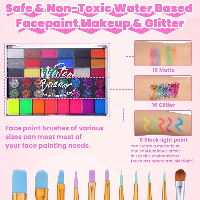 42 Color Face Painting Kit for Kids - Water Based, Non Toxic Face paint palette with Art Brushes, Stencils, Gems - For Halloween, Carnival, Costume Makeup, Parties & Cosplay