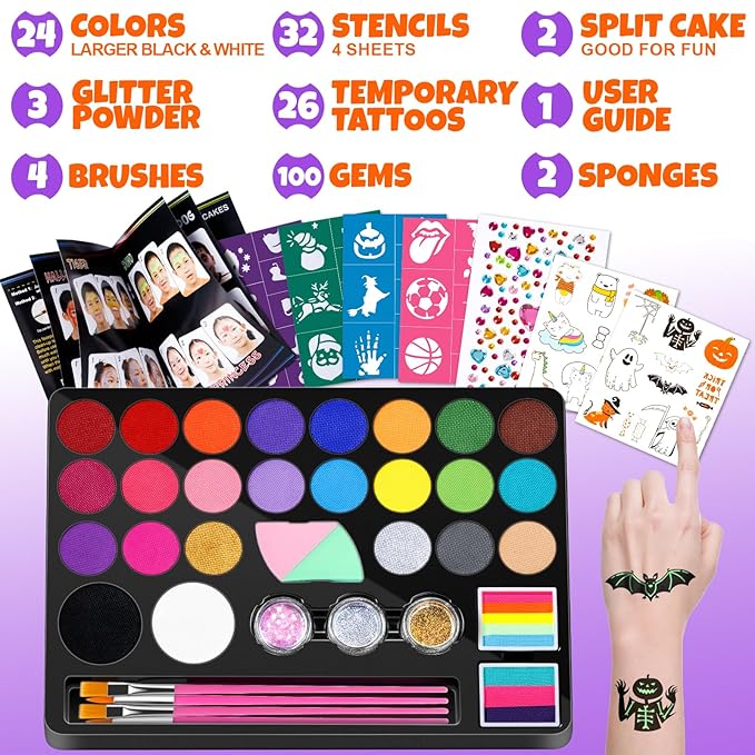 Face Painting Kit for Kids - 24 Colors Water Based Non Toxic Face Paint Kit, Professional Face Paint for Kids with Stencils & Brushes - Parties, Birthdays, Halloween Face Body Makeup Kit