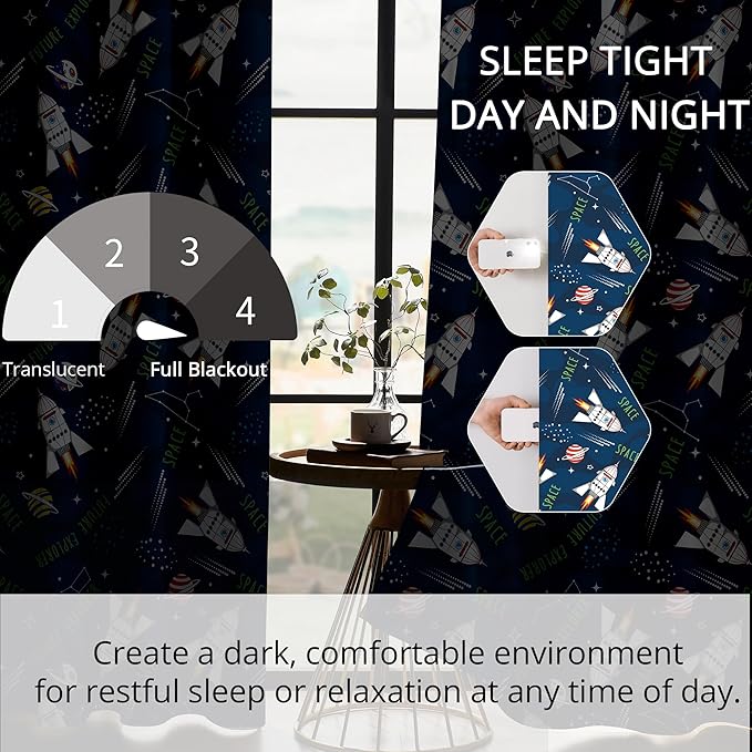 Kids Space Rocket Blackout Curtains - 100% Blackout, Thermal Insulated, Noise Reducing, Perfect for Kids Room and Nursery, 2 Panels (Future Explorer Rockets, W52×L63)