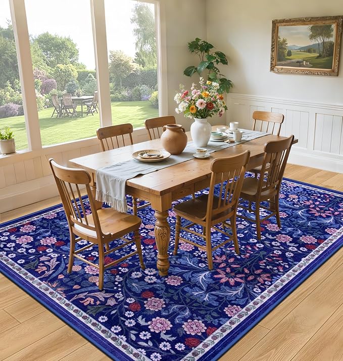 Area Rugs 9x12 Living Room: Floral Washable Rug Vintage Large Soft Boho Non-Slip Carpet Indoor Floor Stain Resistant Low Pile Carpets for Bedroom Dining Room Farmhouse Nursery Home Office Blue