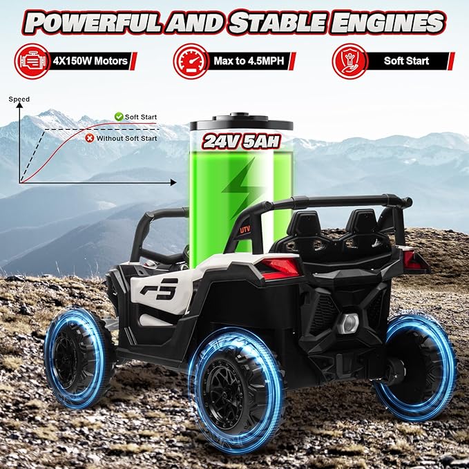 Electric Car for Kids, JOYRACER 24V Ride on Car Battery Powered Off-Road UTV w/Remote Control, 3 Speeds, 4x150W Powerful Motors, 18" Seat, Bluetooth, MP3, Electric Vehicles with Big Pull Bow