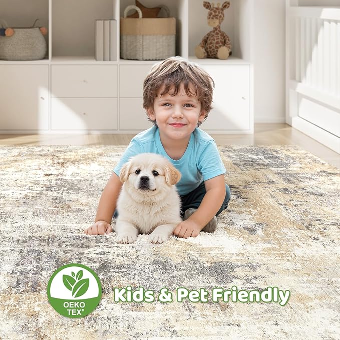 Area Rug Living Room Rugs: 5x7 Washable Large Abstract Modern Soft Stain Resistant Indoor Floor Non Slip Accent Carpet for Bedroom Nursery Playroom Dining Room Office Dorm Home House- Gray Gold