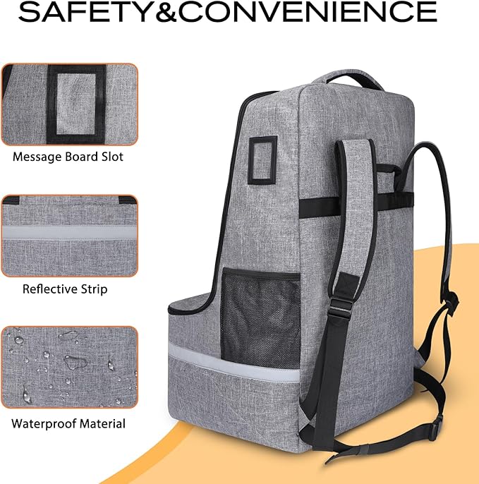 Car Seat Travel Bag for Airplane,Infant Seat Travel Bag with Shoulder Strap,Padded Car Seats Backpack with Reflective Stripes,Large Carseat Carrier Bag Travel Car Seat Cover,Grey