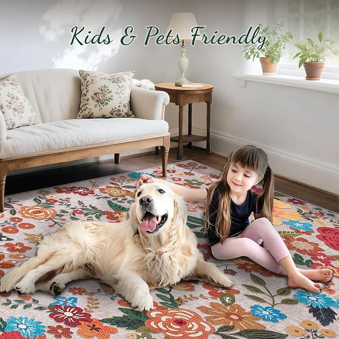 8x10 Area Rug for Living Room: Vintage Floral Washable Rug Soft Boho Non Slip Carpet Large Indoor Floor Non Shedding Low Pile Thin Carpets for Bedroom Dining Room Farmhouse Nursery Home Office Beige