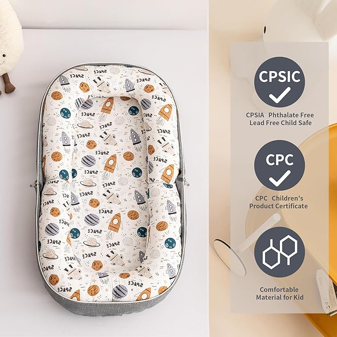 Baby Lounger, Foldable Infant Nest with Soft Memory Foam Mat, Cover with Adorable Pattern, Converts to Backpack for Easy Travel, 0-12 Months, Rocket