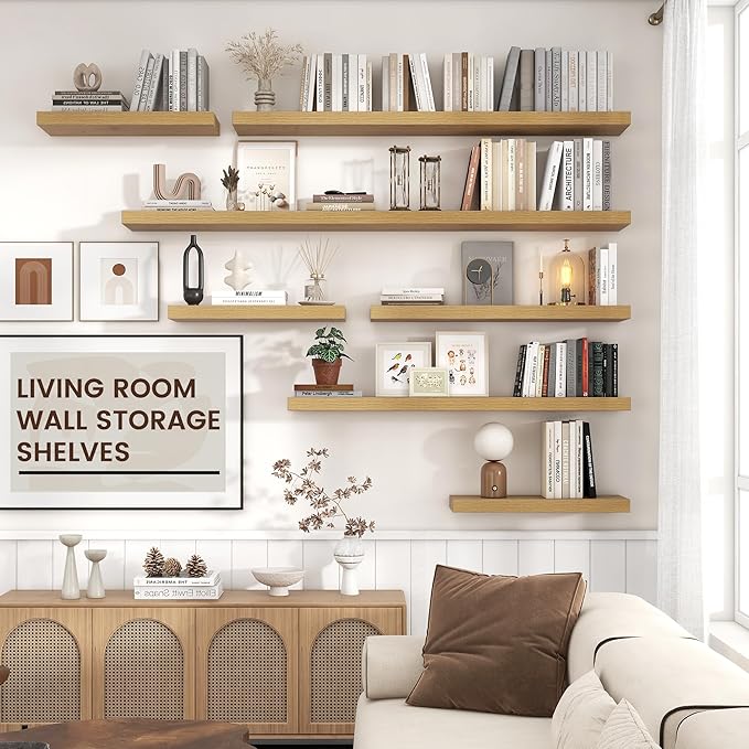 Floating Shelves for Wall, Large Wall Mounted Shelves with Invisible Brackets, Long Wood Floating Shelf for Living Room, Bedroom, Kitchen, Bathroom (Oak, 72" W x 9" D x 1.5" H)