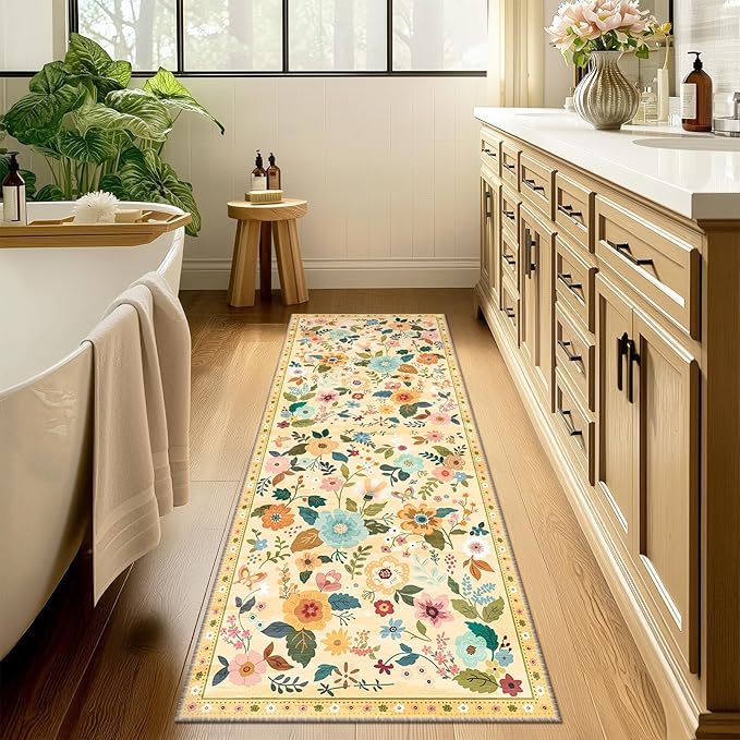 Floral 2x10 Area Rug Machine Washable Soft Print Boho Carpet Non Slip Doormat Low Pile Flower Area Rugs for Living Room Bedroom Nursery Kitchen Dining Room Indoor-Ivory/Yellow
