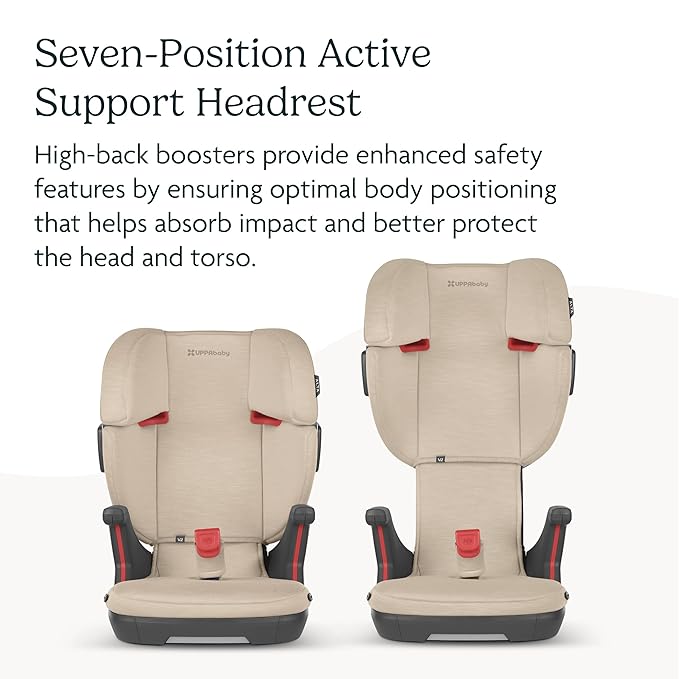 UPPAbaby Alta V2 High Back Booster Seat/Seven-Position, Active Support Headrest for Growing Children/SecureFit Integrated Belt Guide + Positioner/Cup Holder Included/Kavneer (Almond Mélange)
