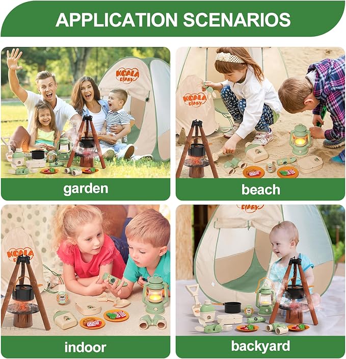 Kids Camping Set – an Indoor/Outdoor Pretend Play Adventure kit Featuring a Tent, Oil lamp, Stove, and More. Perfect for Ages 3+