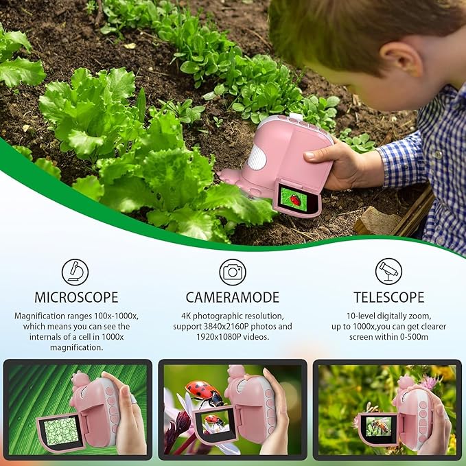 Kids 1000X Handheld Portable Microscope With 8 Adjustable LED Lights, 2-Inch LCD Screen Pocket Mini Telescope for Kids Toddlers - Education Christmas Birthday Gifts Toys