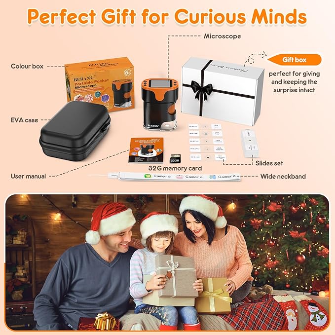 1000X Handheld Microscope for Kids 4K 2.0" Screen Rechargeable Mini Pocket Digital Microscopes w/Slides Kit Portable Edu Gift Age 4-6 8-12 Children Students