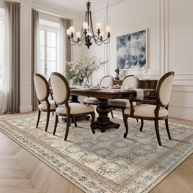 5x7 Washable Area Rug for Living Room Rustic, Non Slip Vintage Floral Bedroom Rugs Retro, Traditional Indoor Floor Carpet for Dining Room, Kitchen, Farmhouse, Office Beige/Pink/Orange