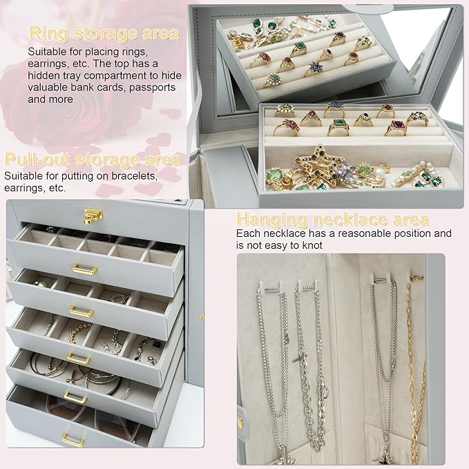 AKOZLIN Extra Large 6-Tier Jewelry Box Organizer Functional Huge, 5 Drawers Leather Jewelry Storage Case for Women Girls Ring Necklace Earring Bracelet Holder Organizer with Mirror Grey
