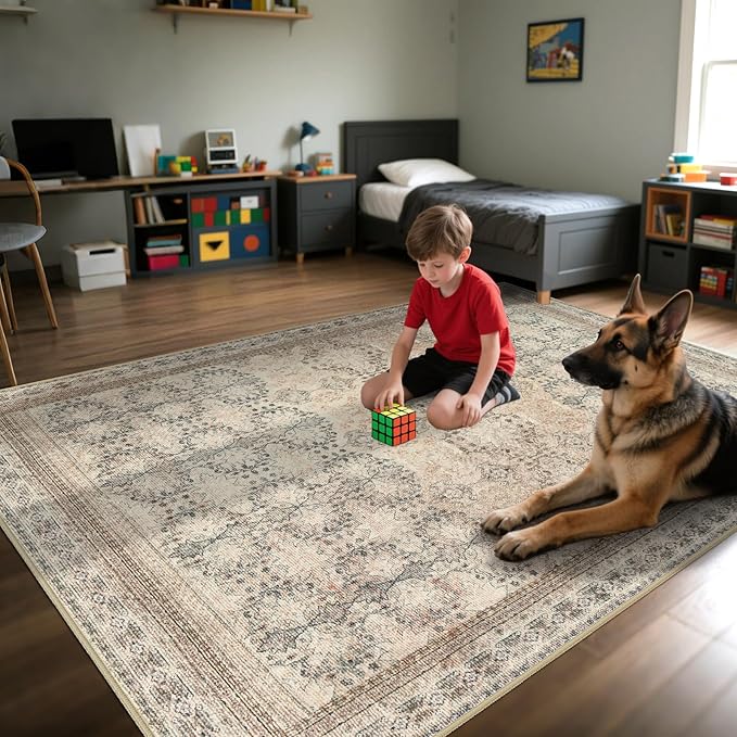 4x6 Area Rug for Bedroom Machine Washable, Non Slip Vintage Floral Kitchen Rugs for Dining Room, Rustic Indoor Floor Carpet for Nursery, Farmhouse, Office Classroom Beige/Pink/Orange