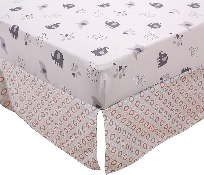 6 PCs Grey White Elephant Nursery Crib Bedding Set Quilt, Fitted Sheet, Skirt, Window Valance, Blanket, Diaper Organizer Baby Boy Elephant Theme Cot Bedding Set