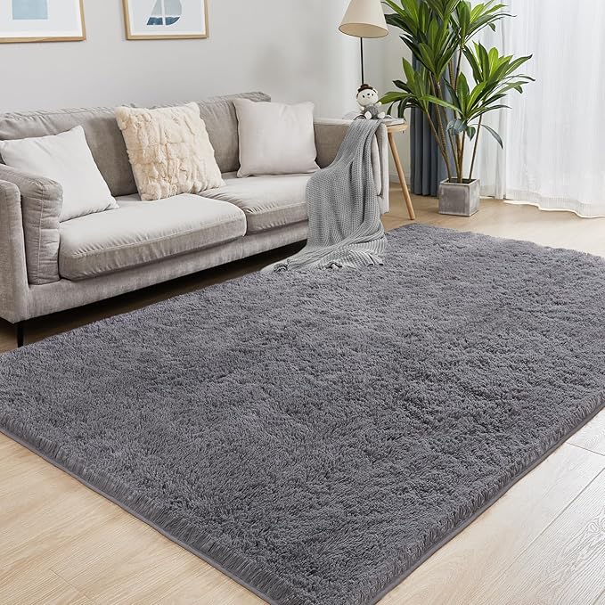 9x12 Grey Fluffy Plush Area Rug, Ultra Soft Bedroom Rug Indoor Carpet, Anti-Skid High Pile Luxury Rugs for Nursery, Kids Room, Playroom, Home Decoration