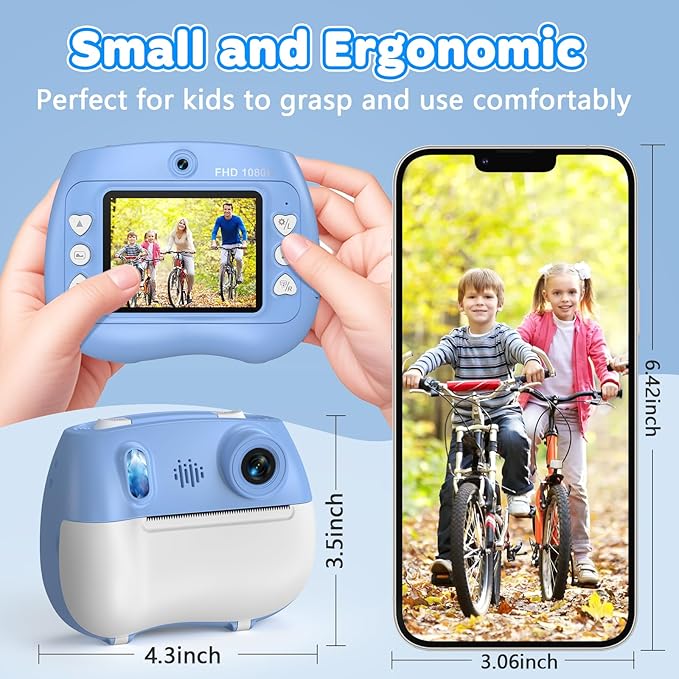 Instant Print Camera for Kids - Front Rear Dual Selfie Kid Print Camera, Fun Birthday Gift for Boys Ages 3-12, HD Digital Video Cameras, Easy to Use for Toddler - Blue