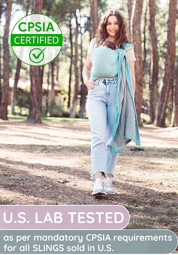 Baby Sling Carrier – Breathable 100% Cotton Wrap for Infant Support, Ring Sling Baby Carrier – Grey Turquoise Adjustable Muslin Fabric – Soft Chest Hold for Travel