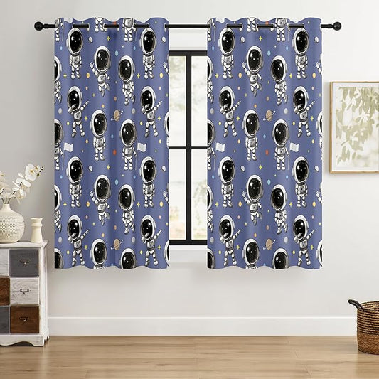 Kids Space Astronaut Blackout Curtains - 100% Blackout, Thermal Insulated, Noise Reducing, Perfect for Kids Room and Nursery, 2 Panels (Spacewalk Buddies, W52×L63)