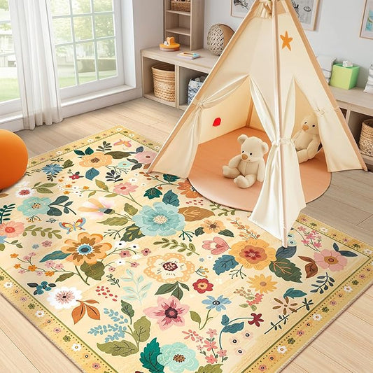 Floral 3x5 Area Rug Machine Washable Soft Print Boho Carpet Non Slip Doormat Low Pile Flower Area Rugs for Living Room Bedroom Nursery Kitchen Dining Room Indoor-Ivory/Yellow