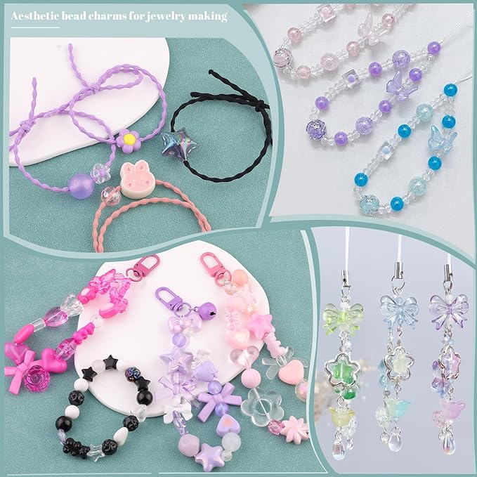 Assorted 180-240PCS Acrylic Beads for Bracelet Making,Flower Bow Butterfly Candy GummyBear Kawaii Aesthetic Bracelet Charms, Cute Beads for Jewelry Making Necklace Keychain Phone Charms DIY