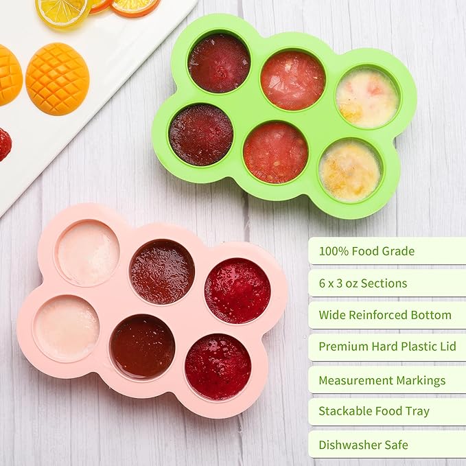 6x3oz Baby Food Freezer Tray with Clip on Lid Bright Green | Leakproof Freezer Molds Silicone Storage Container for Purees Fruits Vegetables