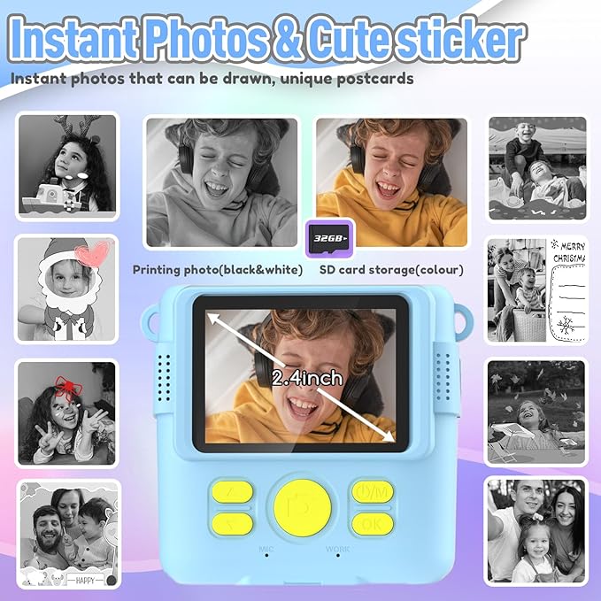 Kids Camera Instant Print, Christmas Birthday Gifts for Kids Age 3-12, Selfie Digital Camera with 1080P Videos,Toddler Portable Travel Cameras Toy for 4 5 6 7 8 9 Year Old Boys Girls-Blue